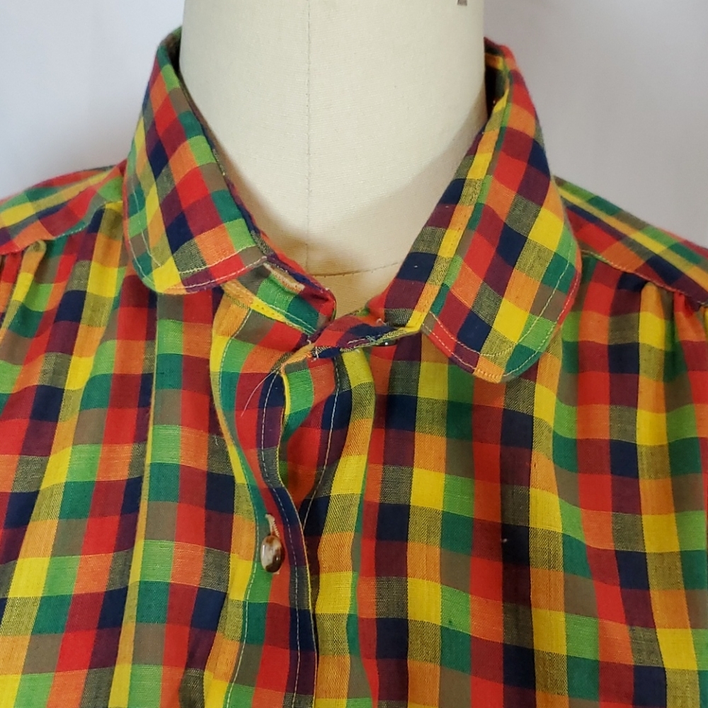 Vtg Nantucket, 14, bright colored plaid blouse - Picture 2 of 5